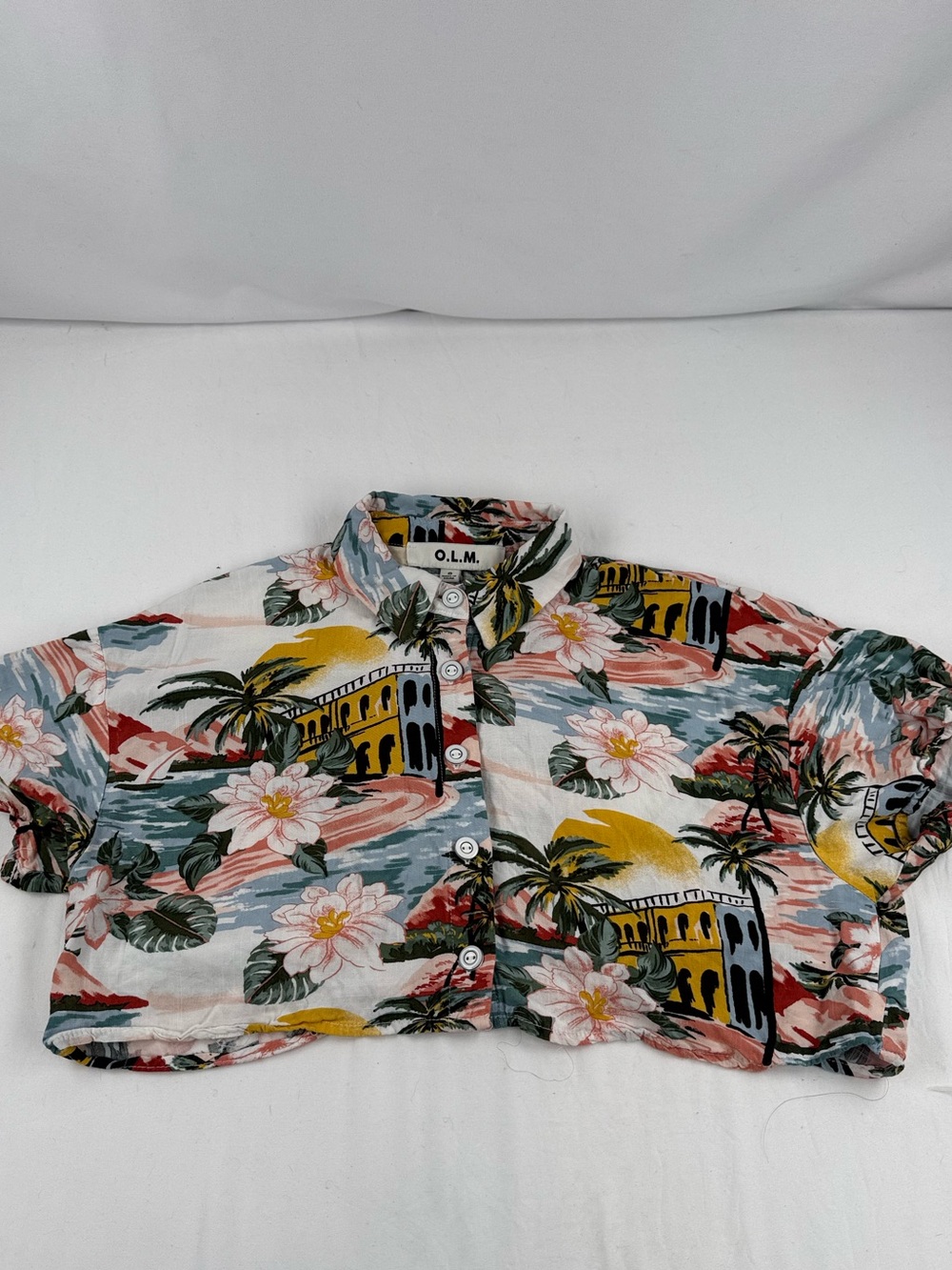 OLM Floral Tropical Cropped Button-Up Top